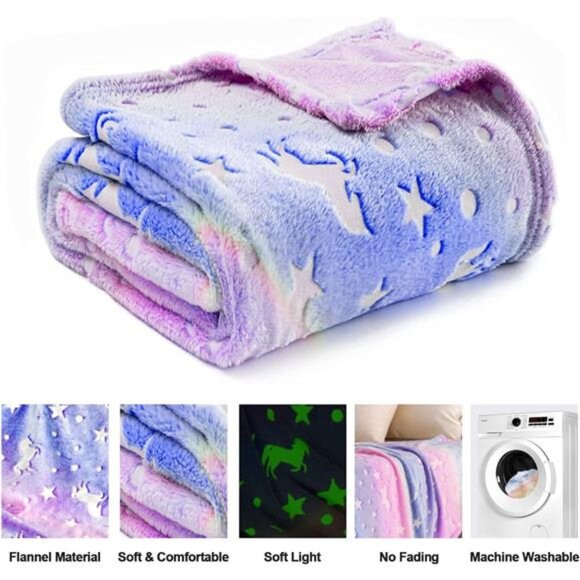 Unicorn Glow in The Dark Blanket Girls Kids Toddler Soft Fleece Throw Gift 40x60 - Picture 4 of 7
